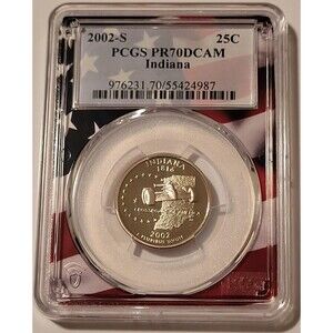 2002 S Clad Indiana State Quarter Proof PR70 DCAM PCGS Flag Frame Holder